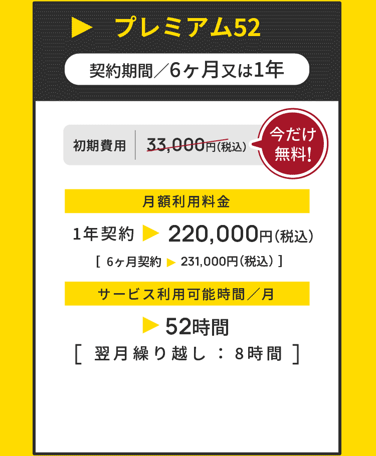 プレミアム42 ▶ 契約期間／6ヶ月又は1年 初期費用 33,000円（税込） → 今だけ無料！ 月額利用料金 1年契約 ▶ 220,000円（税込）［6ヶ月契約 231,000円（税込）］サービス利用可能時間／月 ▶ 42時間 ［翌月繰り越し ： 8時間 ］