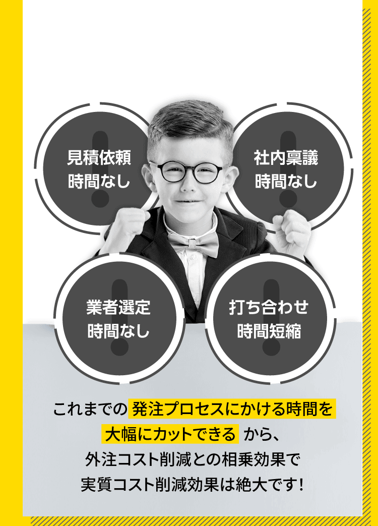 ！見積依頼時間なし ！社内稟議時間なし ！業者選定時間なし ！打ち合わせ時間短縮 これまでの【発注プロセスにかける時間を大幅にカットできる】から、外注コスト削減との相乗効果で実質コスト削減効果は絶大です！